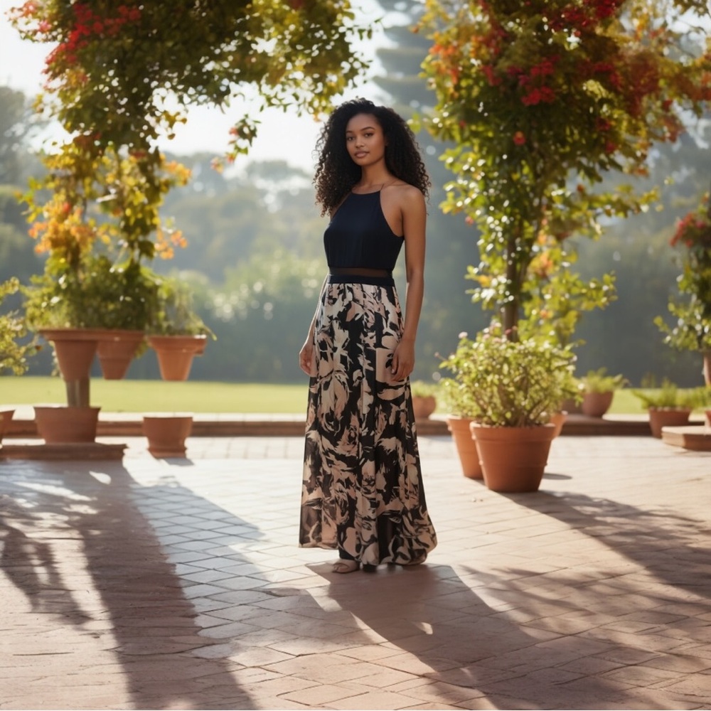 Betsy Adam Navy & Floral Cream Maxie Dress